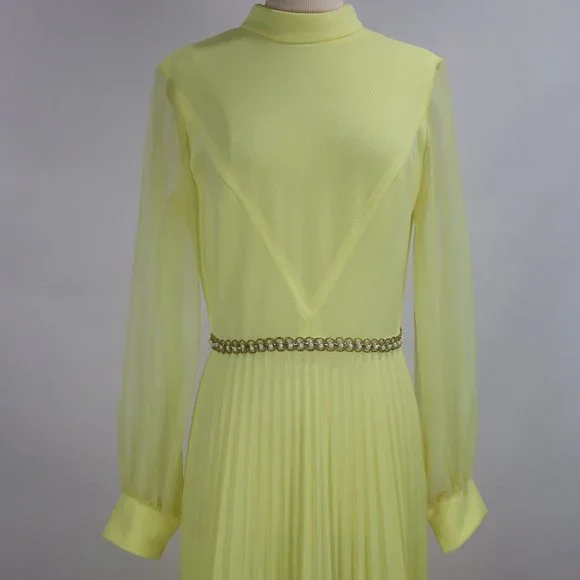 Vtg 1970's Yellow Formal Long Party Dress Gown Cocktail Hippie Prairie Boho S - Picture 1 of 12